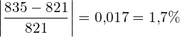 \[ \mathrm{ \left| \frac{835 - 821}{821} \right| = 0{,}017 = 1{,}7\%}\]